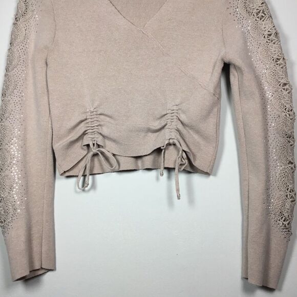 Blush pink taupe knit sweater with rhinestones and embroidery sleeve v neck XL - Picture 3 of 10